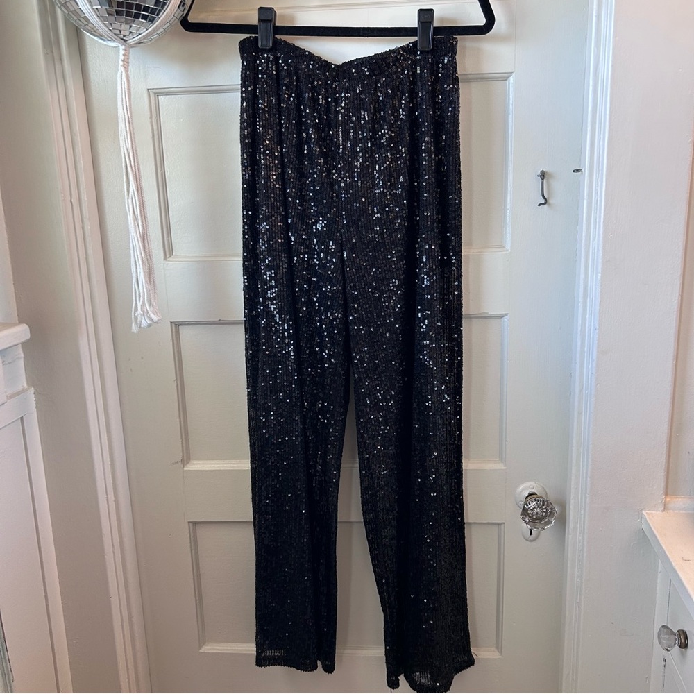 BCBGeneration Black Sequin Wide-Leg Pants